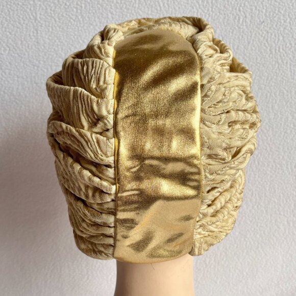 1960s 1970s Gold Metallic Turban Style Hat with Brooch - Picture 3 of 10